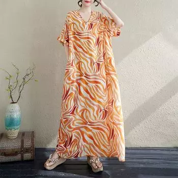 DIMANAF Plus Size 2025 Summer Long Dress V-Neck Women Vintage Beach Casual Dress Basic Loose Dress Maxi One Size оранжевый