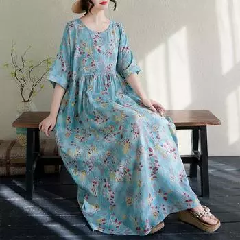DIMANAF Plus Size 2025 Summer Long Dress Women Basic Linen Vintage O-Neck Beach Casual Dress Loose Dress Floral One Size синий