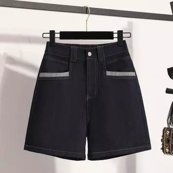 DIMANAF Plus Size Jeans Women Shorts Pants Summer Loose Short Basic High Waist Striped Pants Elastic Waist XL синий