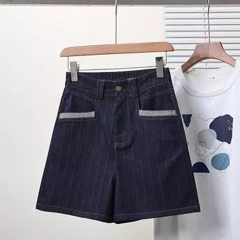 DIMANAF Plus Size Jeans Women Shorts Pants Summer Loose Short Basic High Waist Striped Pants Elastic Waist XL синий