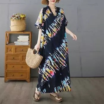 DIMANAF Plus Size New 2025 Summer Printing Dress Women Basic V-Neck Beach Casual Long Fashion Loose Dress One Size темно-синий