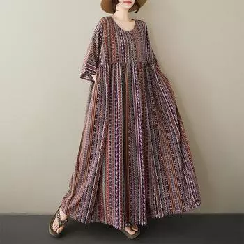 DIMANAF Plus Size New 2025 Women Summer Dress Basic Casual Long Fashion Loose Vintage Stripe Beach Dress One Size коричневый