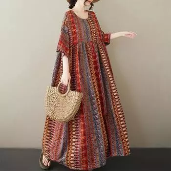 DIMANAF Plus Size New 2025 Women Summer Dress Basic Casual Fashion Loose Vintage Stripe Beach Long Dress One Size красный