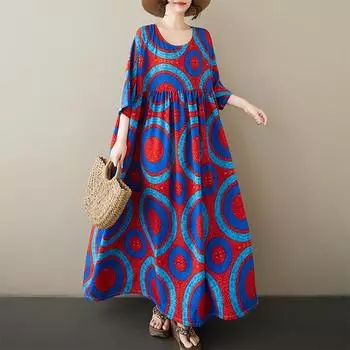 DIMANAF Plus Size New 2025 Women Summer Dress Basic Casual Long Fashion Loose Vintage Beach Dress One Size синий