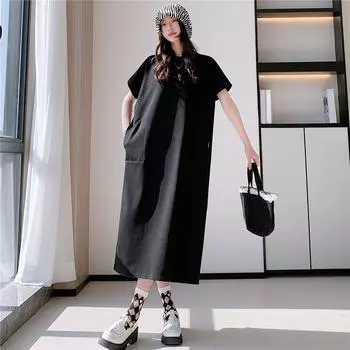 DIMANAF Plus Size Summer T-Shirt Dress Casual Women Loose Vintage Embroidery Printing Cotton Basic Short Sleeve Long Dress XL чёрный