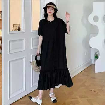 DIMANAF Plus Size T-Shirt Dress Summer Women Cotton Design Dress Loose Beach Casual Female Mesh Spliced O-Neck Pure Color A-Line Dress XL чёрный