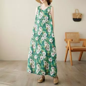 DIMANAF Plus Size Women 2024 New Summer Basic Vintage Oversize Casual Loose Sleeveless Floral O-Neck Long Dress