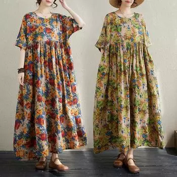 DIMANAF Plus Size Women 2024 Новое летнее платье с круглым вырезом и коротким рукавом свободного покроя, базовое винтажное повседневное платье с цветочным принтом