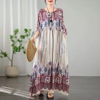 DIMANAF Plus Size Women 2024 Новое винтажное летнее длинное базовое повседневное платье-футболка с цветочным принтом для отдыха на природе с круглым вырезом и большим размером для пляжа