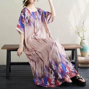 DIMANAF Plus Size Women 2024 Summer Bohemian Long Beach Basic Casual Loose O-Neck Oversize New T-Shirt Dress