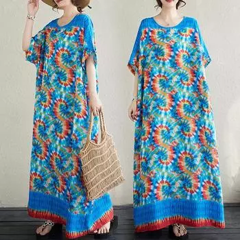 DIMANAF Plus Size Women 2024 Summer Casual Loose O-Neck Oversize New Bohemian Long Beach Style T-Shirt Dress