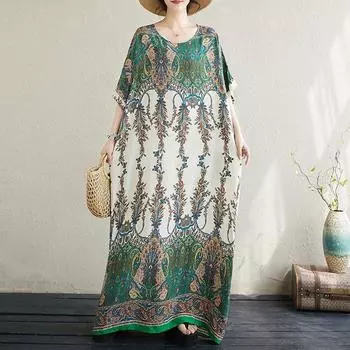 DIMANAF Plus Size Women 2024 Summer Casual Loose O-Neck Oversize New Bohemian Beach Style Long T-Shirt Dress