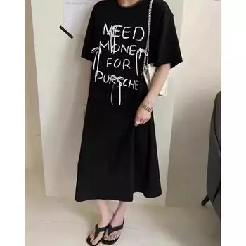 DIMANAF размера плюс 2024, женское летнее длинное платье, кружевное хлопковое свободное платье с буквенным принтом, базовые черные платья с длинными рукавами и короткими рукавами, повседневное 759