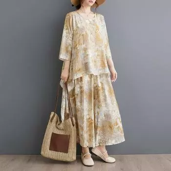 DIMANAF размера плюс, комплект из двух предметов, костюм, женская одежда, винтажный принт, элегантные женские топы, льняные свободные брюки, женский костюм, летний костюм One Size дубильная кора