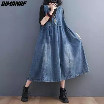 DIMANAF SAutumn, женское джинсовое платье больших размеров, жилет без рукавов, однотонное винтажное длинное платье с v-образным вырезом, свободная повседневная одежда L синий