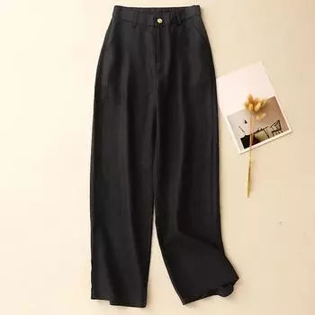 DIMANAF Summer 2025 Plus Size Women Vintage Linen Casual Loose Wide Leg Pants Basic Elastic High Waist Pants Long Trousers M чёрный