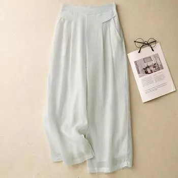 DIMANAF Summer 2025 Plus Size Women Vintage Linen Casual Loose Wide Leg Pants Basic Elastic High Waist Pants Thin Trousers M белый