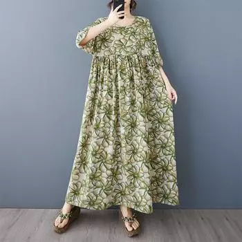 DIMANAF Summer Plus Size Vintage Dress Basic Printing Women Casual Long Oversized Loose Dress Maxi New One Size
