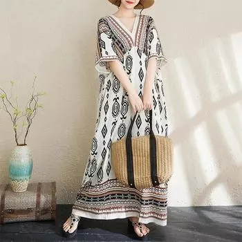 DIMANAF Summer Women New 2025 Basic Plus Size V-Neck Dress Casual Linen Printing Short Sleeve Dress Loose Dress One Size белый