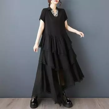 Dimanaf Свободное платье большого размера Женское 2025 Шифон Новый летний стиль Элегантное черное платье-рубашка One Size чёрный