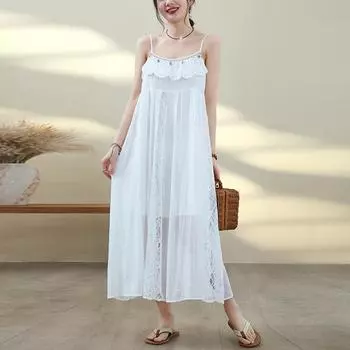 Dimanaf Свободное платье большого размера Женское 2025 Винтажный Новый летний стиль Элегантное длинное платье без рукавов One Size белый