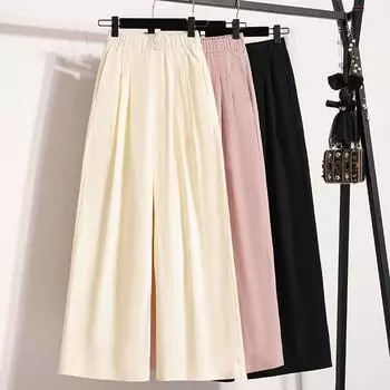 Dimanaf Весна 2025 Большие размеры Длинные брюки Женские свободные прямые повседневные шаровары с эластичной талией Новые однотонные M розовый