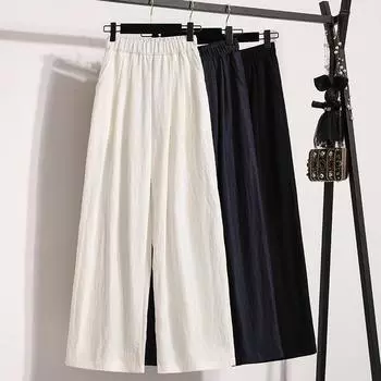 Dimanaf Весна 2025 Большие размеры Длинные брюки Женские прямые шаровары с эластичной талией Свободные брюки Новые однотонные повседневные M чёрный