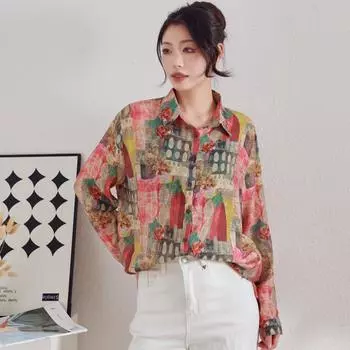 DIMANAF Весна 2025 Льняная рубашка с длинным рукавом Женская блузка Модные цветочные топы Свободные новые One Size зелёный