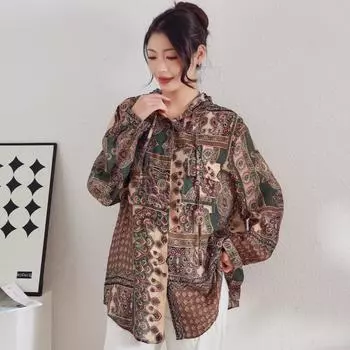 DIMANAF Весна 2025 Лето Льняная Рубашка С Длинным Рукавом С Капюшоном Женская Блузка Модные Цветочные Топы Свободные Новые One Size красный