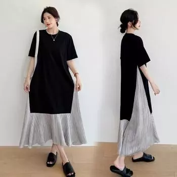 DIMANAF Women 2025 New Summer Plus Size Casual Basic Pleated Short Sleeve Dress Loose Long Dress Oversize L чёрный