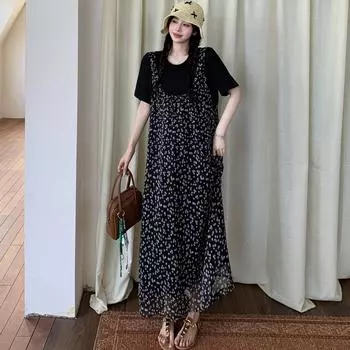 DIMANAF Women 2025 Plus Size Dress Summer Vintage Dress Basic Long Casual Loose Floral Dress Maxi L чёрный