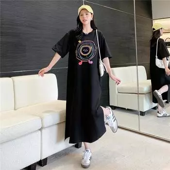 DIMANAF Women 2025 Plus Size New Summer Long Dress Fashion T-Shirt Dress Loose Printing Basic Dresses Maxi L чёрный