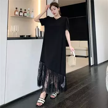 DIMANAF Women 2025 Plus Size New Summer Dress Shirt Dress Lace Basic Long Pleated Loose Dresses Maxi L чёрный