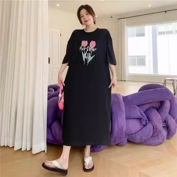 DIMANAF Women 2025 Plus Size New Summer Dress Fashion T-Shirt Dress Flower Printing Basic Long Loose Dresses Maxi L белый
