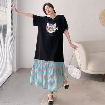 DIMANAF Women 2025 Plus Size New Summer Dress Pleated T-Shirt Dress Printing Basic Long Loose Dresses Maxi L чёрный