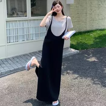 DIMANAF Women 2025 Plus Size Solid Dress Summer Vintage Dress Basic Sleeveless Long Casual Loose Dress Maxi L чёрный