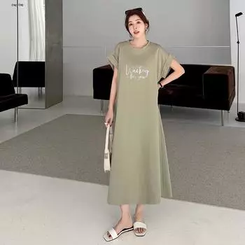 DIMANAF Женское 2025 Плюс Размер Летнее Платье Рубашка Платье Базовый Длинный Принт Короткий Рукав Свободные Платья Макси L зелёный