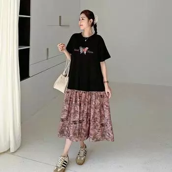 DIMANAF Women 2025 Plus Size Summer Dress Shirt Dress Basic Printing Short Sleeve Loose Spliced Long Dresses L чёрный