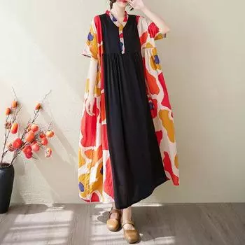 DIMANAF Women 2025 Summer Plus Size Dress Loose Casual Long Vintage Dress Floral Fashion Basic Short Sleeve Dress One Size красный