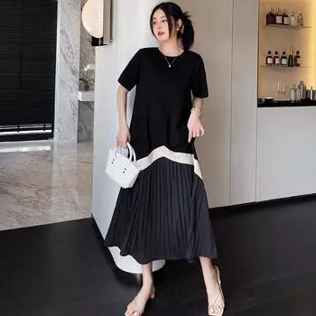 DIMANAF Women 2025 Summer Plus Size Long Short Sleeve Casual Oversize Shirt Dress Loose Pleated Dress New XL чёрный