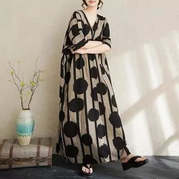 DIMANAF Women New 2025 Basic Plus Size Summer Dress Casual Linen Printing Short Sleeve Dress Loose Dress Plus Size чёрный