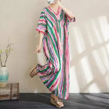 DIMANAF Women New 2025 Basic Plus Size Summer Dress Casual Linen Short Sleeve Dress Stripe Loose Dress One Size розовый