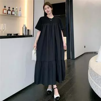 DIMANAF Women Plus Size New Summer Long Dress Pleated T-Shirt Dress Loose Fashion Basic Black Dresses Maxi L чёрный