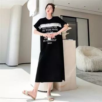 DIMANAF Women Plus Size New Summer Long Dress Letter Printing T-Shirt Dress Loose Fashion Basic Dresses Maxi L чёрный