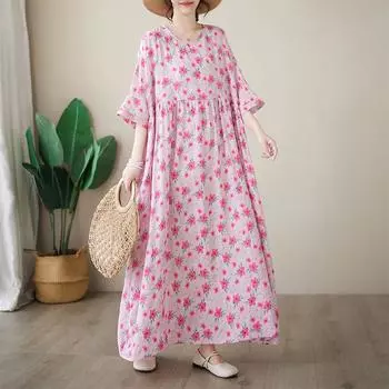 Dimanaf Женщины больших размеров, новинка 2024 года, хлопковое летнее длинное базовое платье большого размера с цветочным принтом, повседневное богемное платье с короткими рукавами