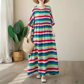 Dimanaf Женщины больших размеров, новинка 2024 года, хлопковое летнее длинное базовое платье большого размера в полоску, повседневное богемное платье с короткими рукавами