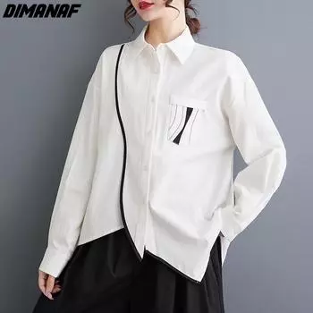 DIMANAF Женская 2024 Большие размеры Весна Лето Новая рубашка большого размера с длинным рукавом Свободная базовая черная блузка на пуговицах Нерегулярные повседневные женские топы One Size белый