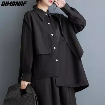 DIMANAF женская 2024 плюс размер весна лето новая рубашка оверсайз с длинными рукавами свободная нерегулярная черная блузка сращенные повседневные топы