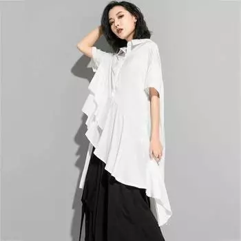 DIMANAF Женская белая плиссированная блузка большого размера с рюшами Новая рубашка свободного кроя с лацканами и половиной рукава Fashion Tide весна-лето 2024 1DD7361