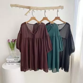 DIMANAF Женская блузка больших размеров, прозрачные длинные рубашки, шифоновые летние топы большого размера «летучая мышь», свободные повседневные однотонные женские одежды 2024